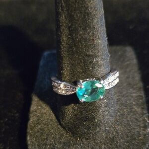 Silvertone and Lab Topaz Ring, 7.5
